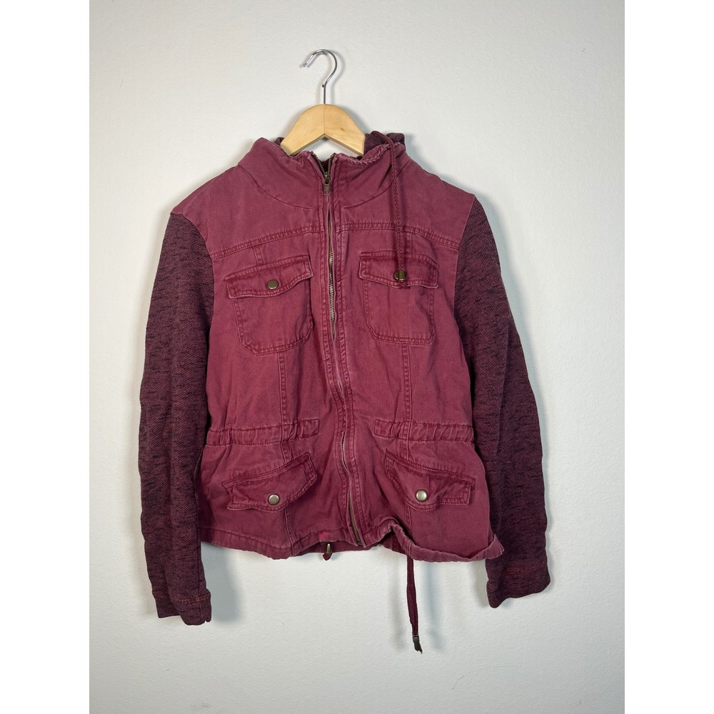 Ashley by 26 International Utility Jacket Burgundy Hooded Mixed Media XL